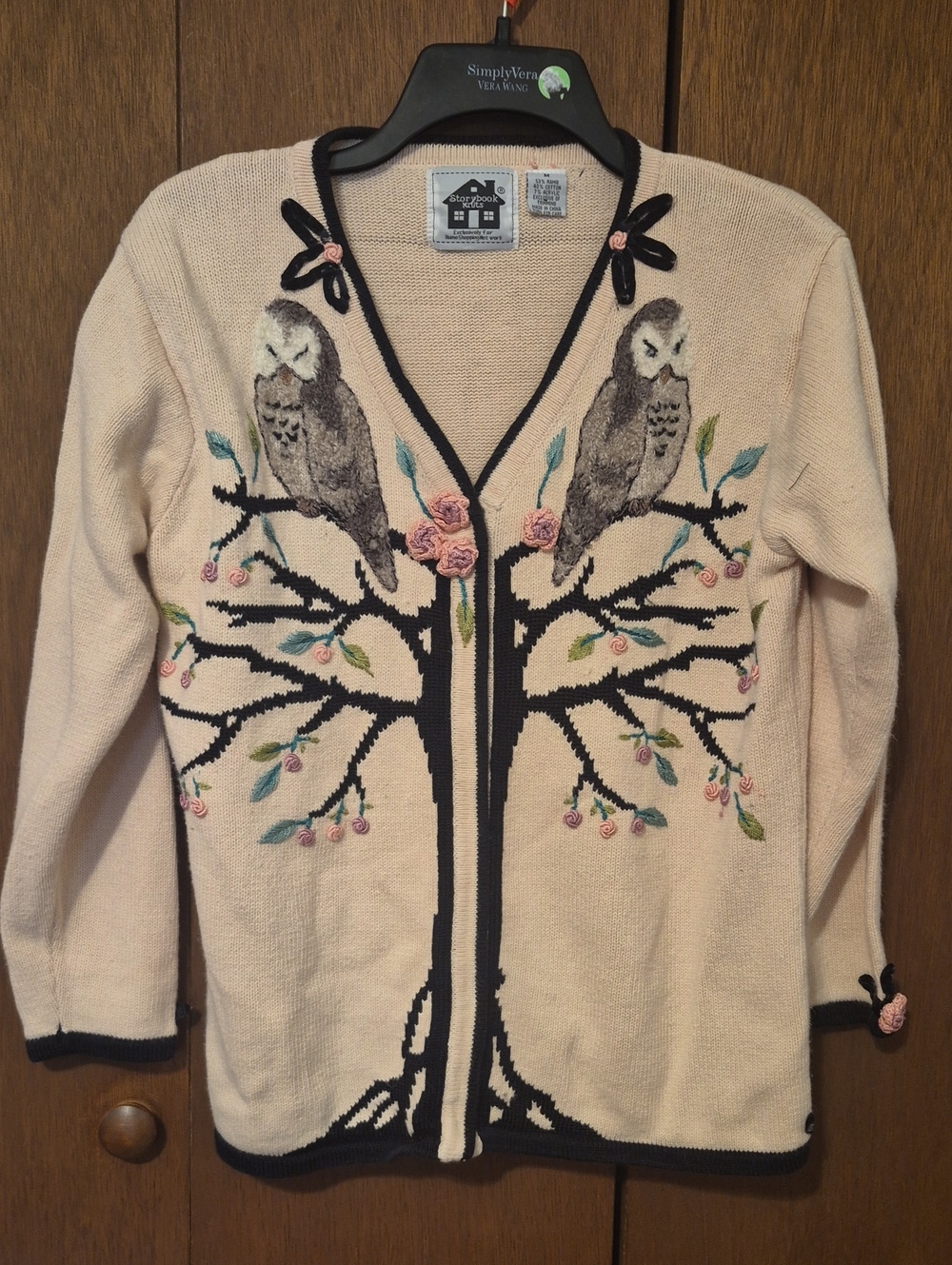 Storybook Knits Cream Cardigan with Embroidered Owl Tree and Pink Accents SZ M